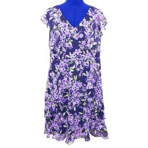 Tommy Hilfiger Navy Blue and Purple Floral Patterned Dress Size 14